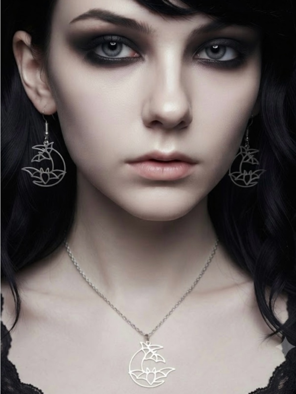 Hand Crafted Silver Moon Bat Pendant Necklace and Earrings Set - Picture 2 of 4